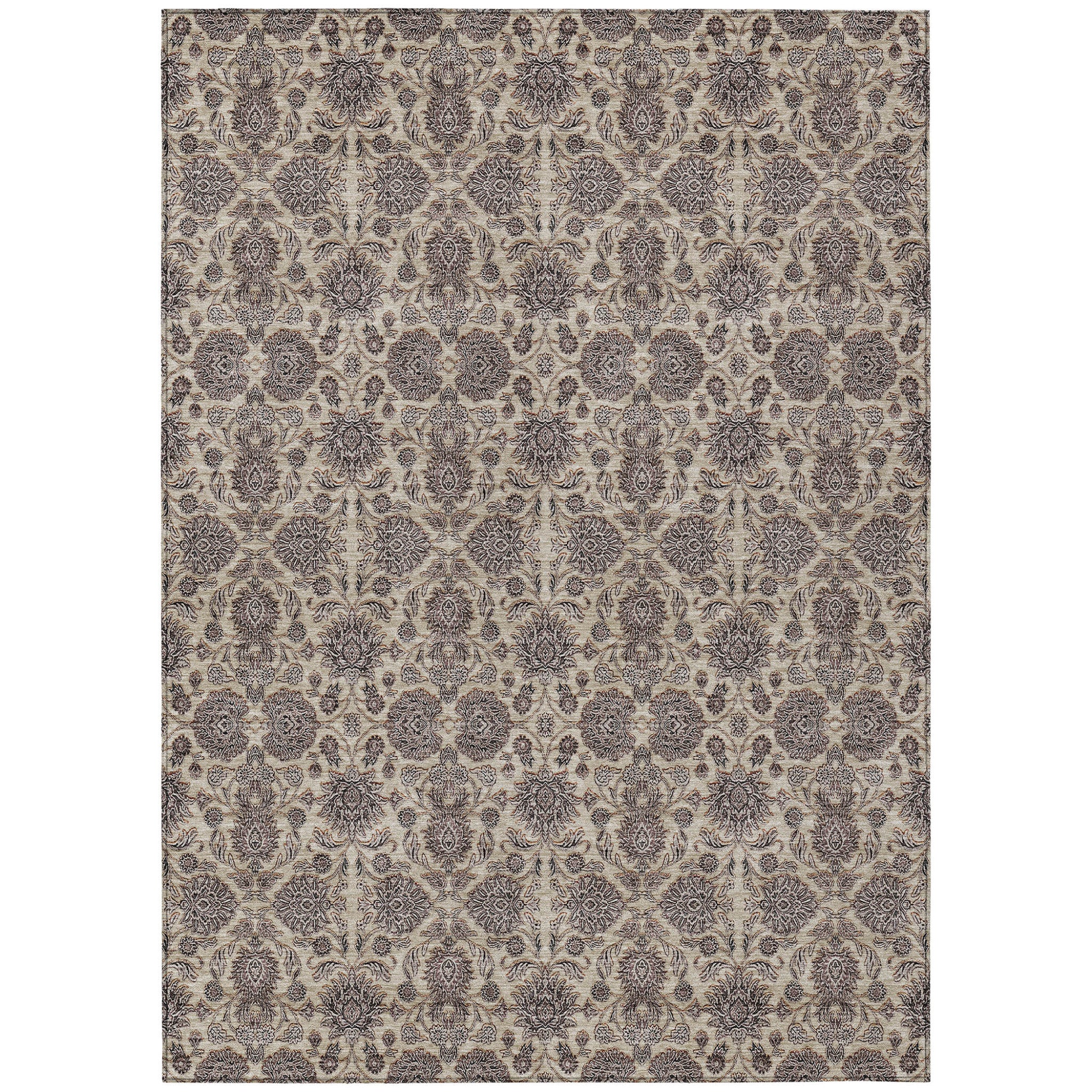 9' X 12' Ivory Taupe And Beige Floral Washable Indoor Outdoor Area Rug