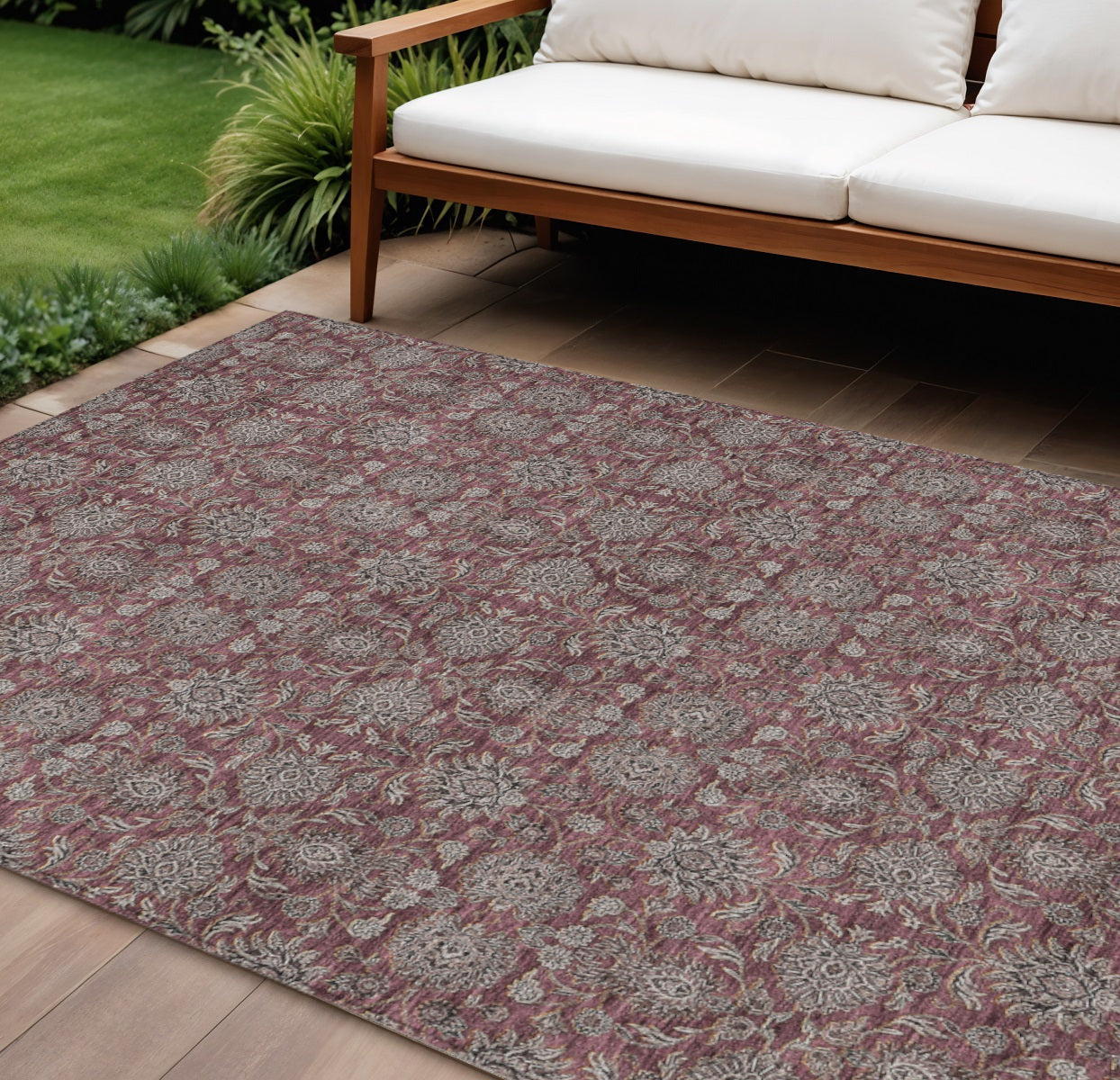 9' X 12' Merlot Gray And Taupe Floral Washable Indoor Outdoor Area Rug