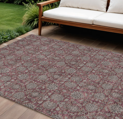 10' X 14' Merlot Gray And Taupe Floral Washable Indoor Outdoor Area Rug
