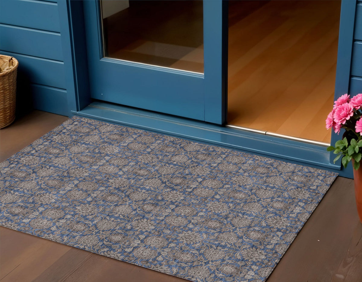 3' X 5' Navy Blue Beige And Taupe Floral Washable Indoor Outdoor Area Rug