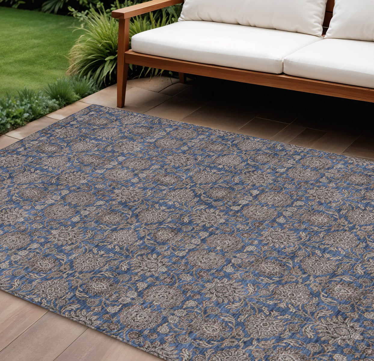 9' X 12' Navy Blue Beige And Taupe Floral Washable Indoor Outdoor Area Rug