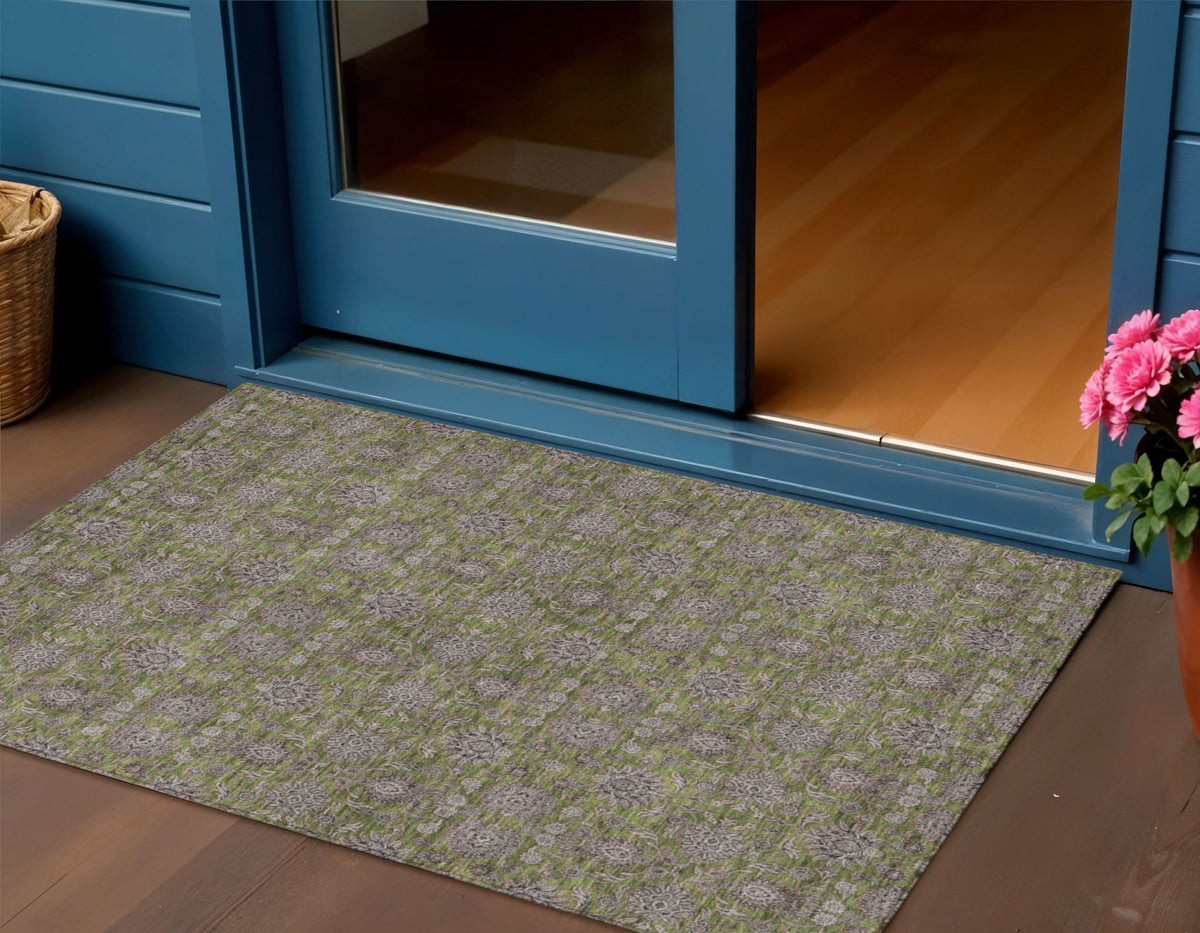 3' X 5' Olive Green Beige And Taupe Floral Washable Indoor Outdoor Area Rug