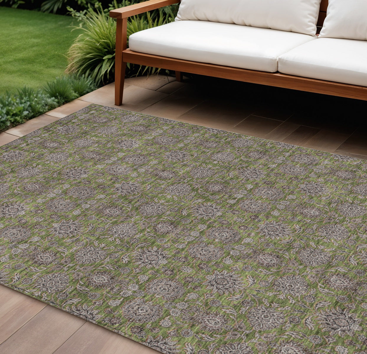 9' X 12' Olive Green Beige And Taupe Floral Washable Indoor Outdoor Area Rug