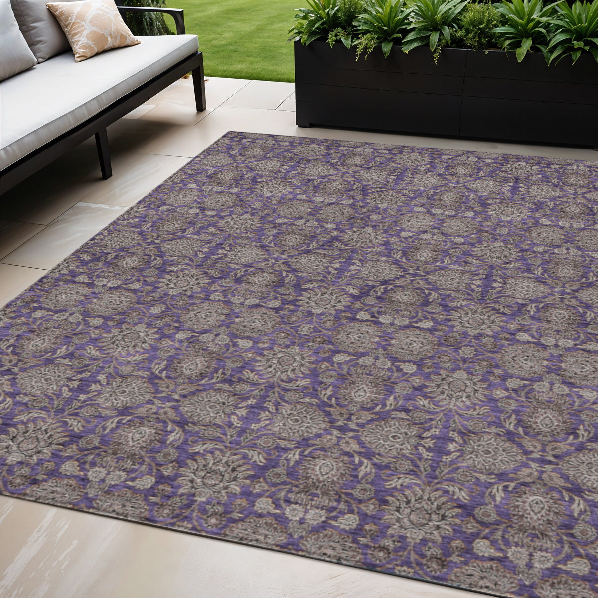 5' X 8' Purple Beige And Taupe Floral Washable Indoor Outdoor Area Rug