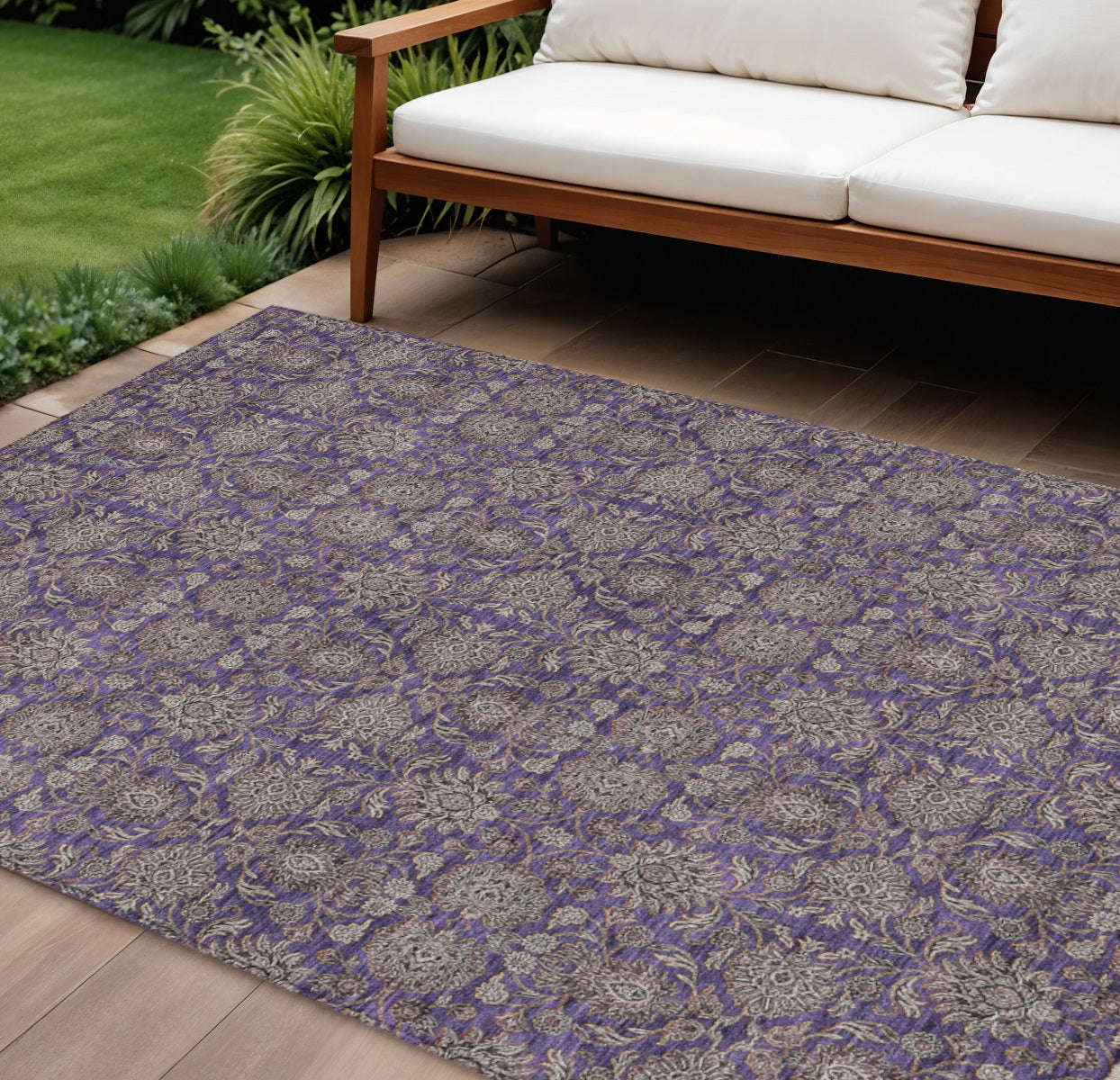 10' X 14' Purple Beige And Taupe Floral Washable Indoor Outdoor Area Rug