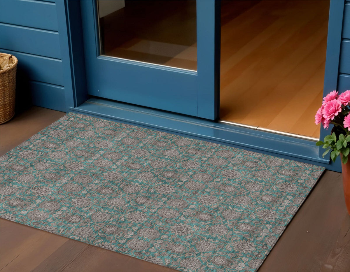 3' X 5' Teal Blue Beige And Taupe Floral Washable Indoor Outdoor Area Rug