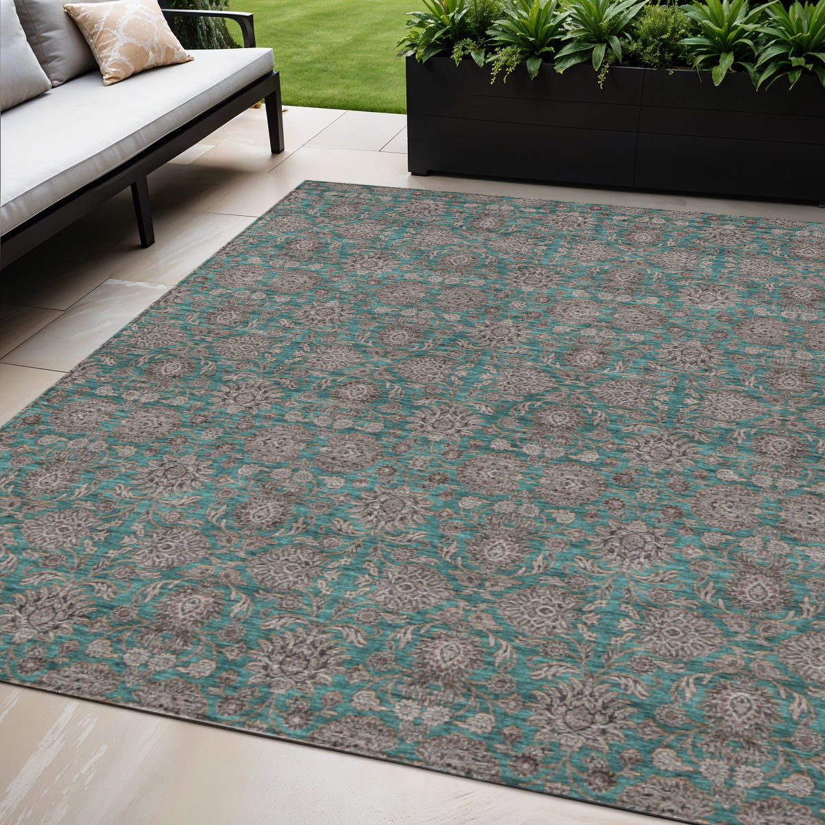 5' X 8' Teal Blue Beige And Taupe Floral Washable Indoor Outdoor Area Rug