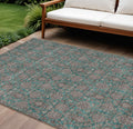10' X 14' Teal Blue Beige And Taupe Floral Washable Indoor Outdoor Area Rug