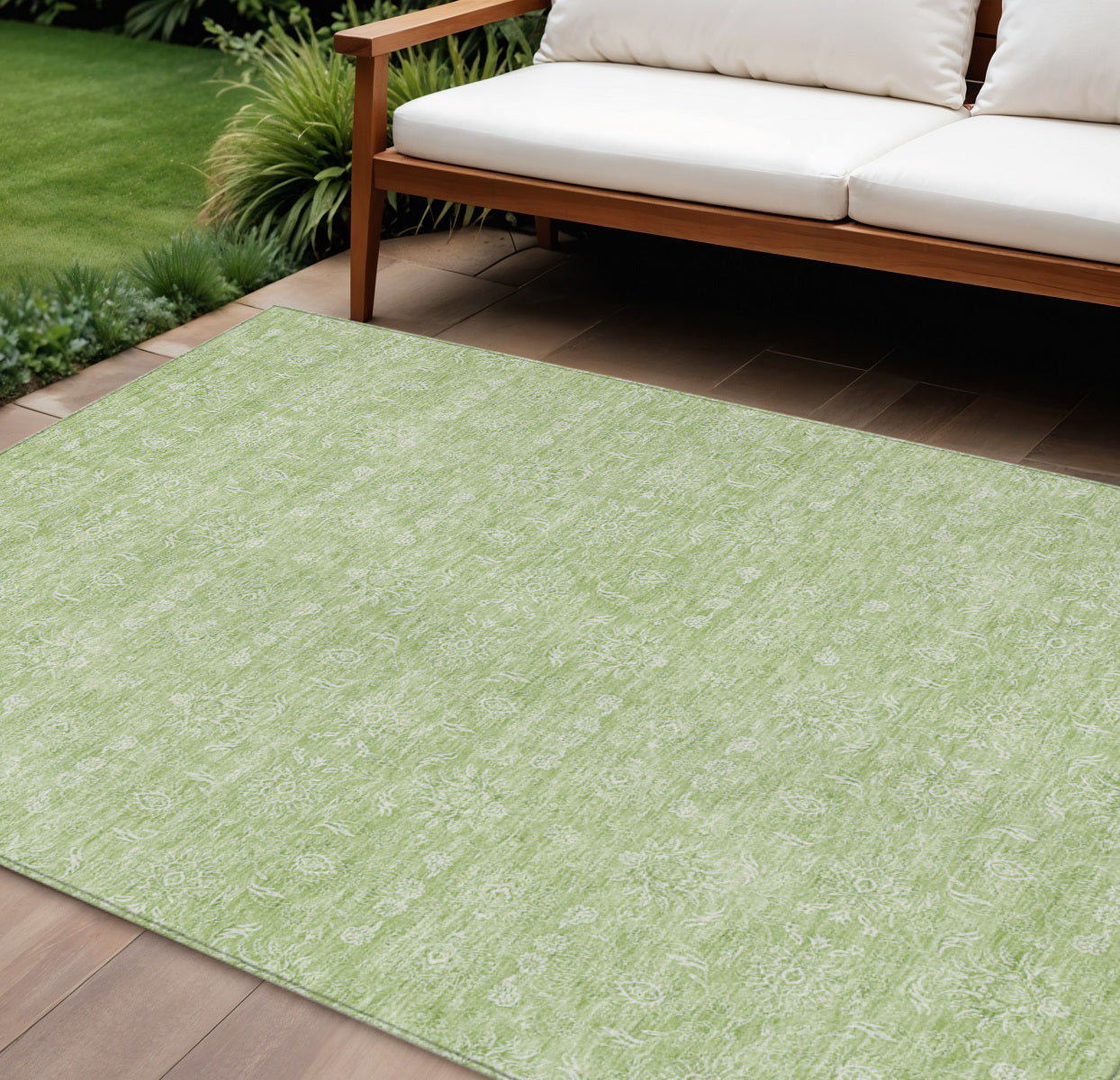 10' X 14' Artichoke Green Mint Green And Ivory Floral Washable Indoor Outdoor Area Rug