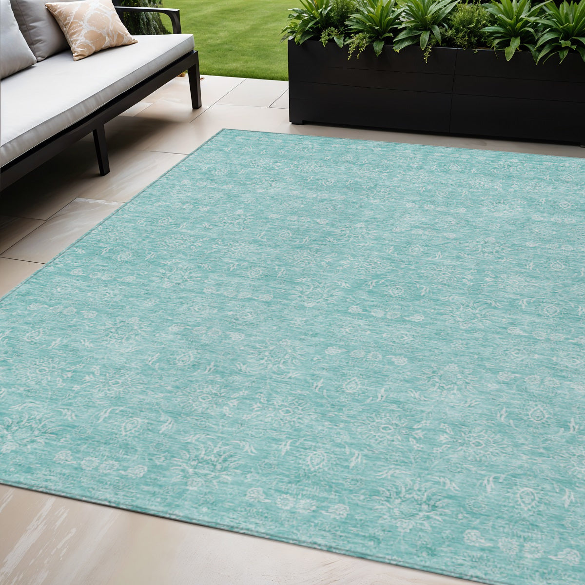5' X 8' Aqua And Ivory Floral Washable Indoor Outdoor Area Rug