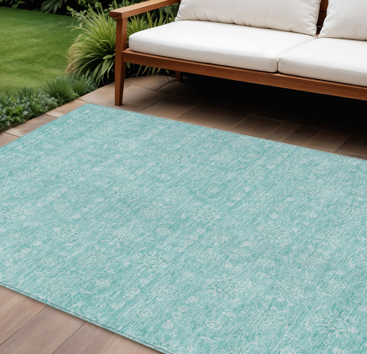 9' X 12' Aqua And Ivory Floral Washable Indoor Outdoor Area Rug