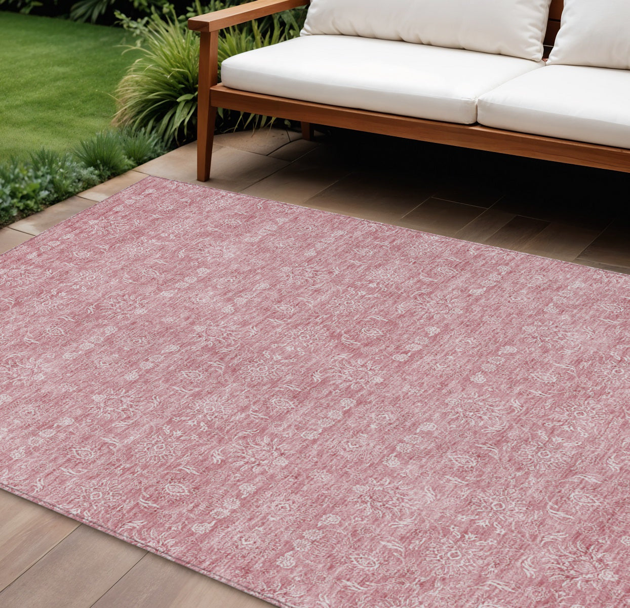 10' X 14' Blush Pink And Ivory Floral Washable Indoor Outdoor Area Rug