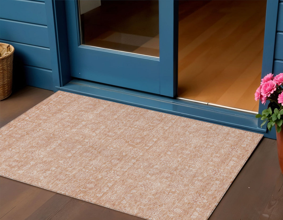 3' X 5' Copper And Beige Floral Washable Indoor Outdoor Area Rug