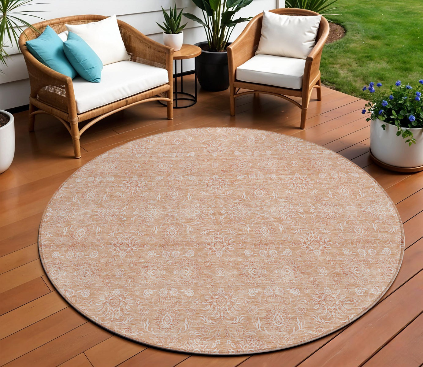 8' Copper And Beige Round Floral Washable Indoor Outdoor Area Rug