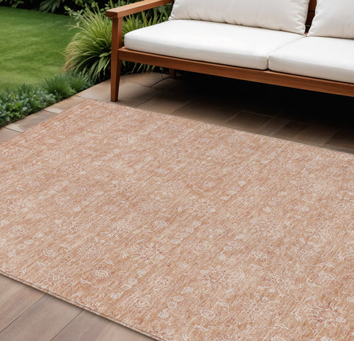 10' X 14' Copper And Beige Floral Washable Indoor Outdoor Area Rug
