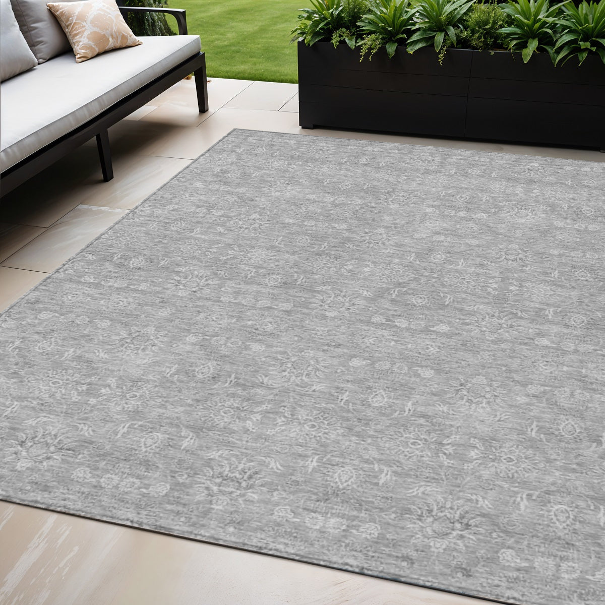 5' X 8' Gray Silver And Ivory Floral Washable Indoor Outdoor Area Rug