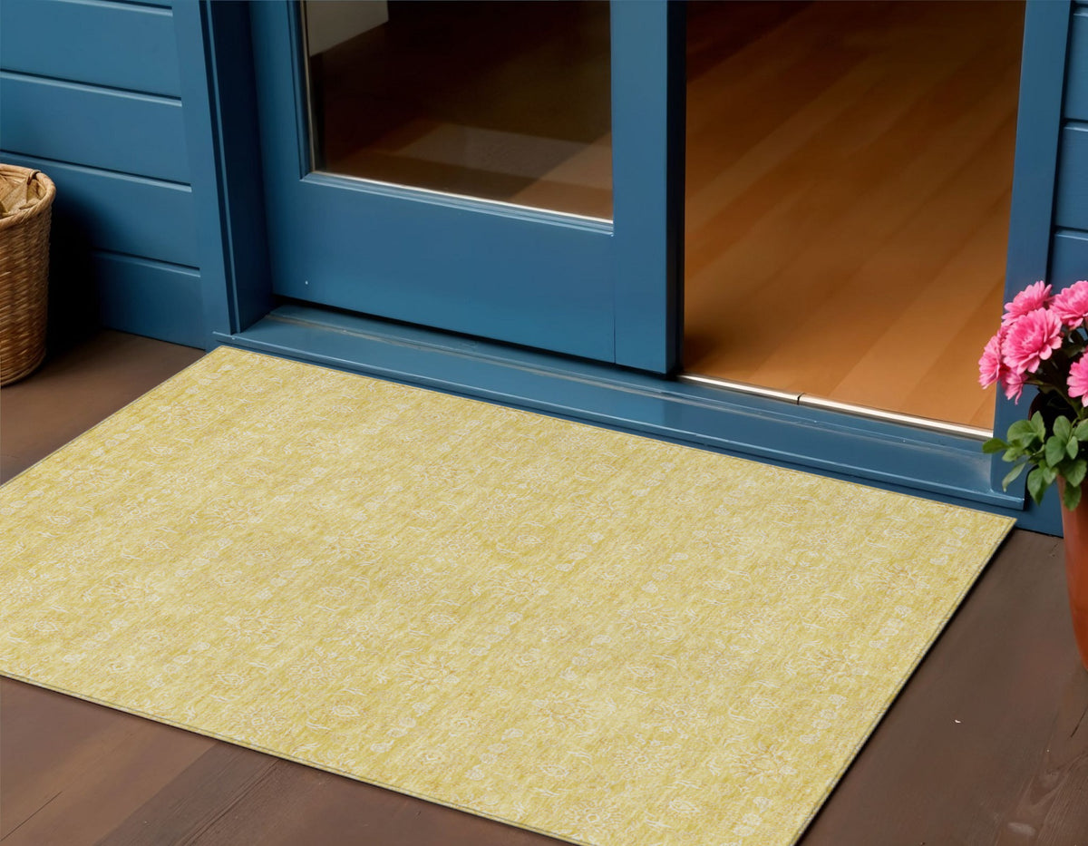3' X 5' Yellow Gold And Ivory Floral Washable Indoor Outdoor Area Rug