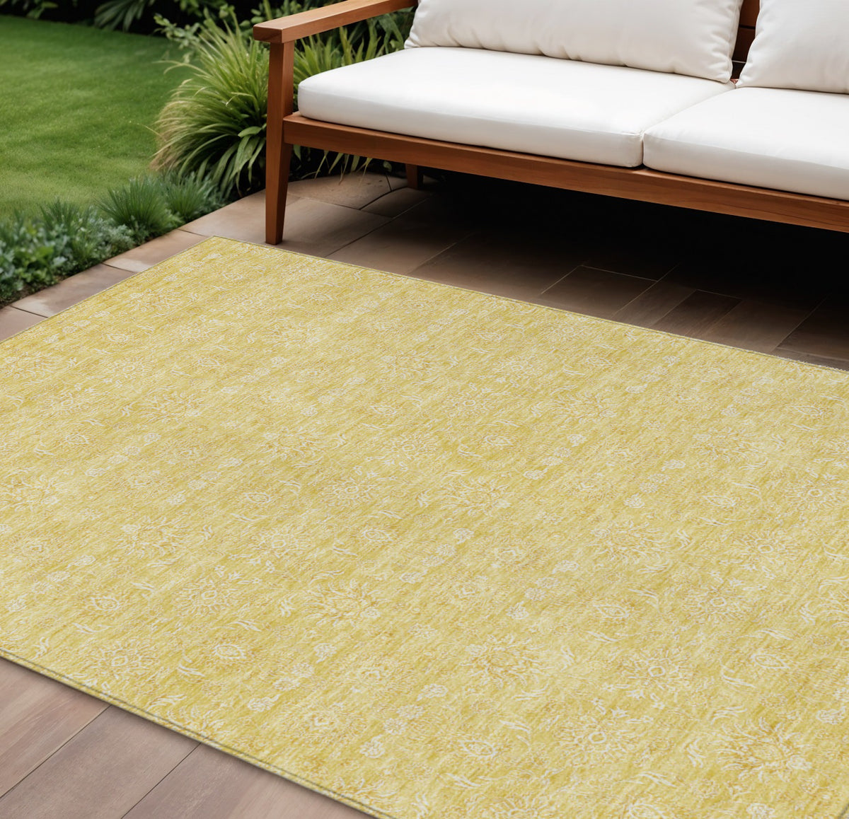 8' X 10' Yellow Gold And Ivory Floral Washable Indoor Outdoor Area Rug