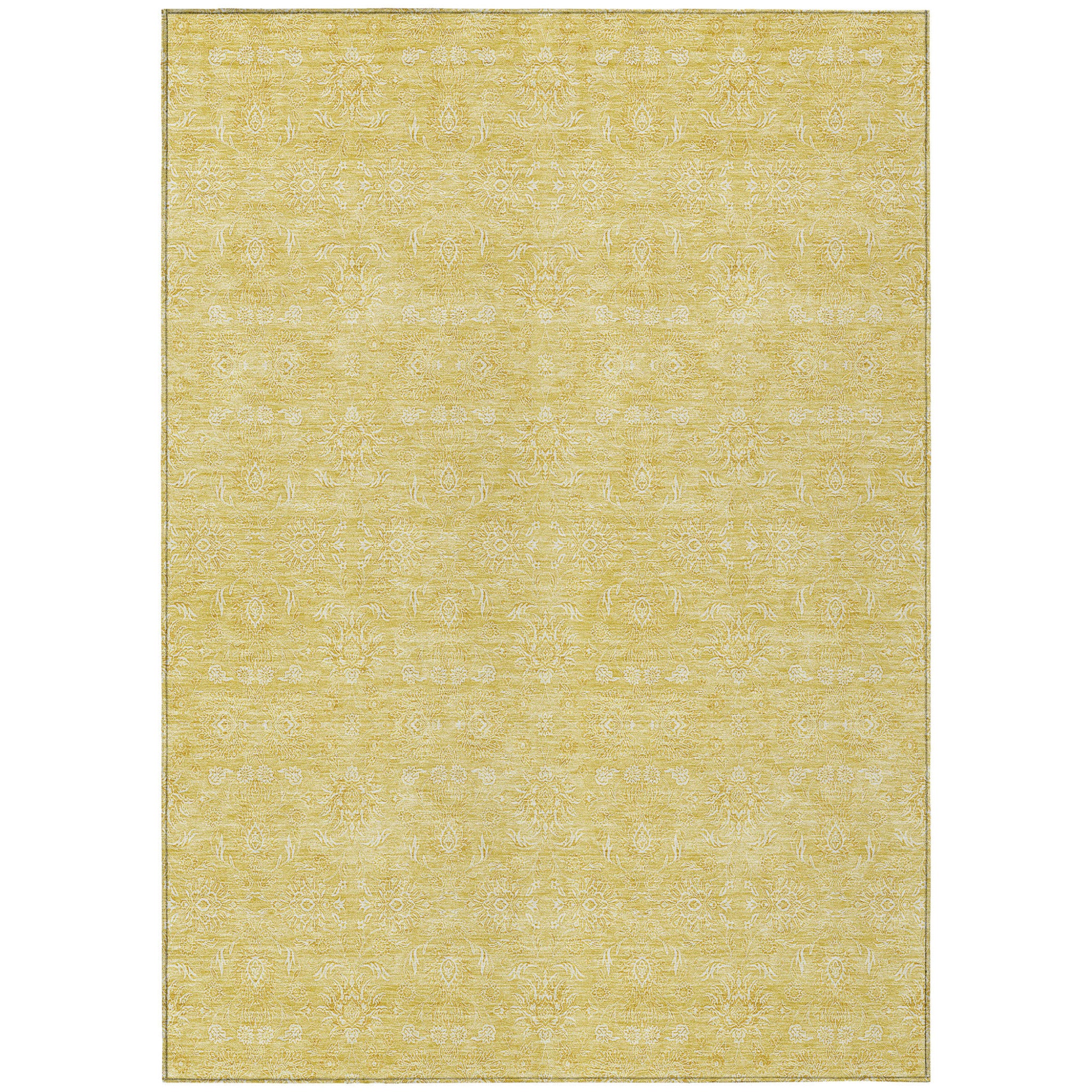 9' X 12' Yellow Gold And Ivory Floral Washable Indoor Outdoor Area Rug