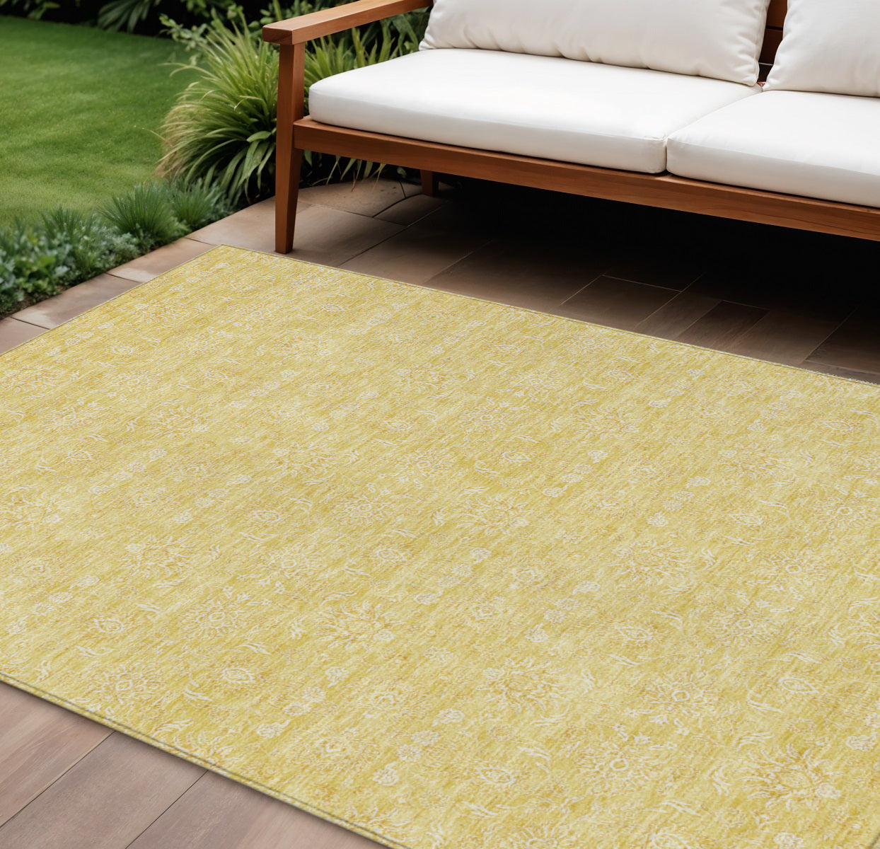 10' X 14' Yellow Gold And Ivory Floral Washable Indoor Outdoor Area Rug