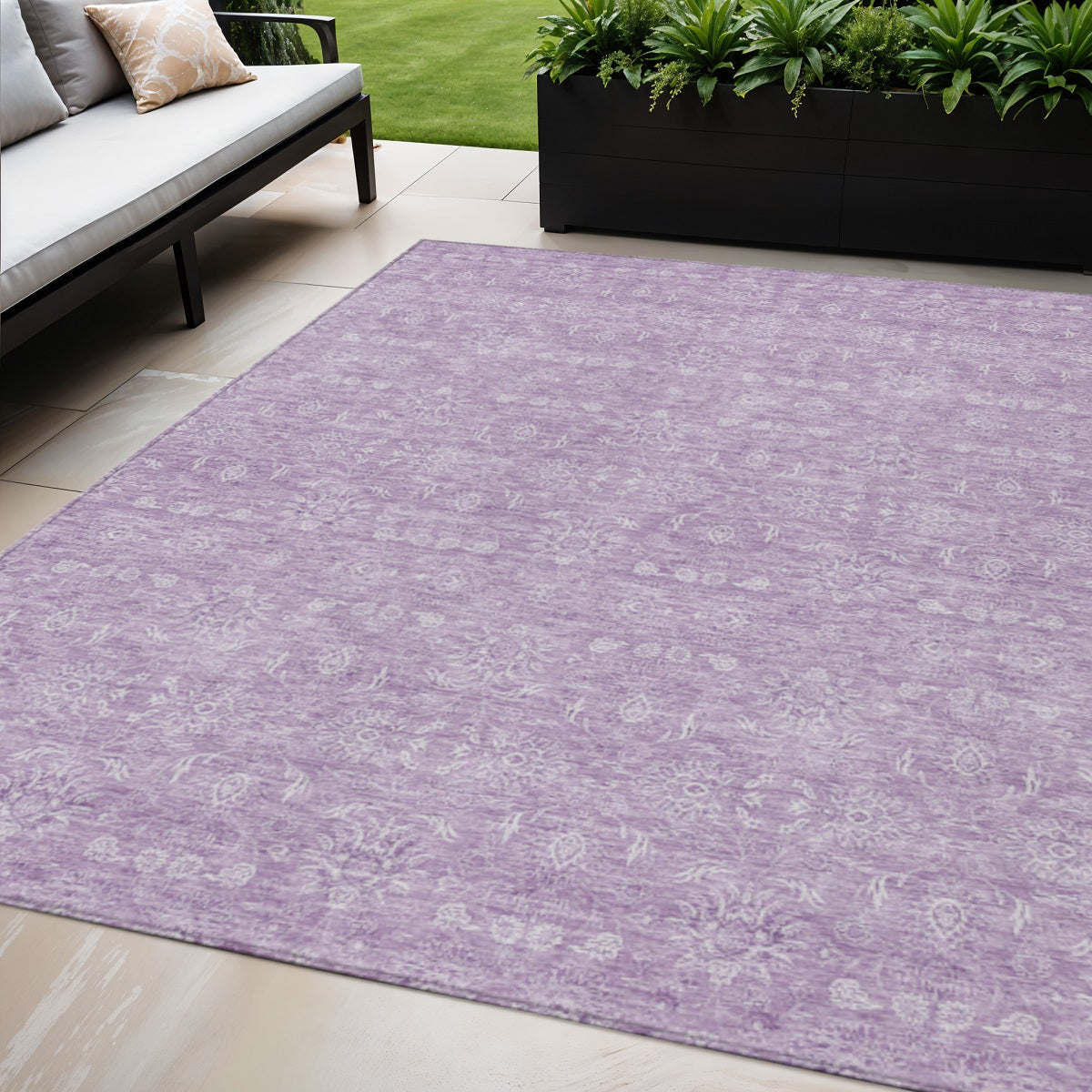 5' X 8' Lavender Lilac And Ivory Floral Washable Indoor Outdoor Area Rug