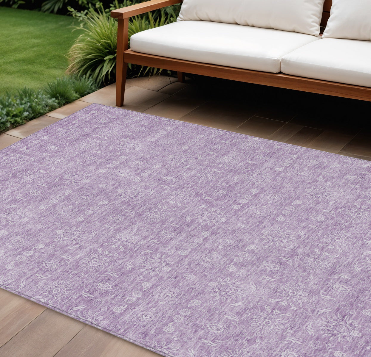 9' X 12' Lavender Lilac And Ivory Floral Washable Indoor Outdoor Area Rug