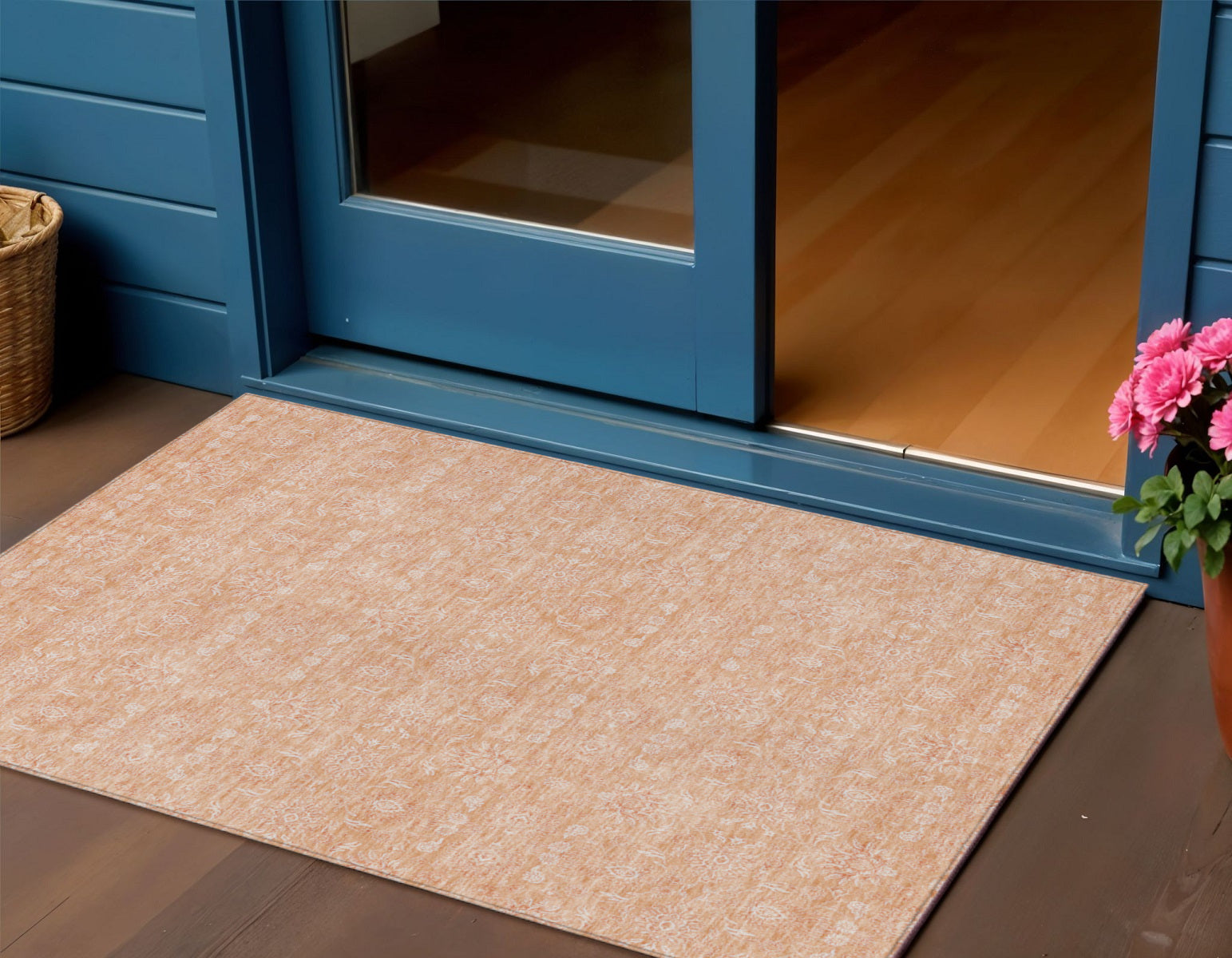 3' X 5' Peach And Ivory Floral Washable Indoor Outdoor Area Rug