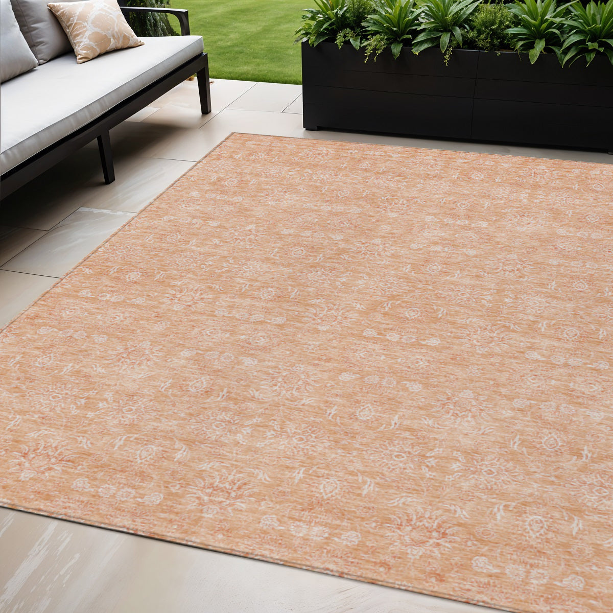 5' X 8' Peach And Ivory Floral Washable Indoor Outdoor Area Rug