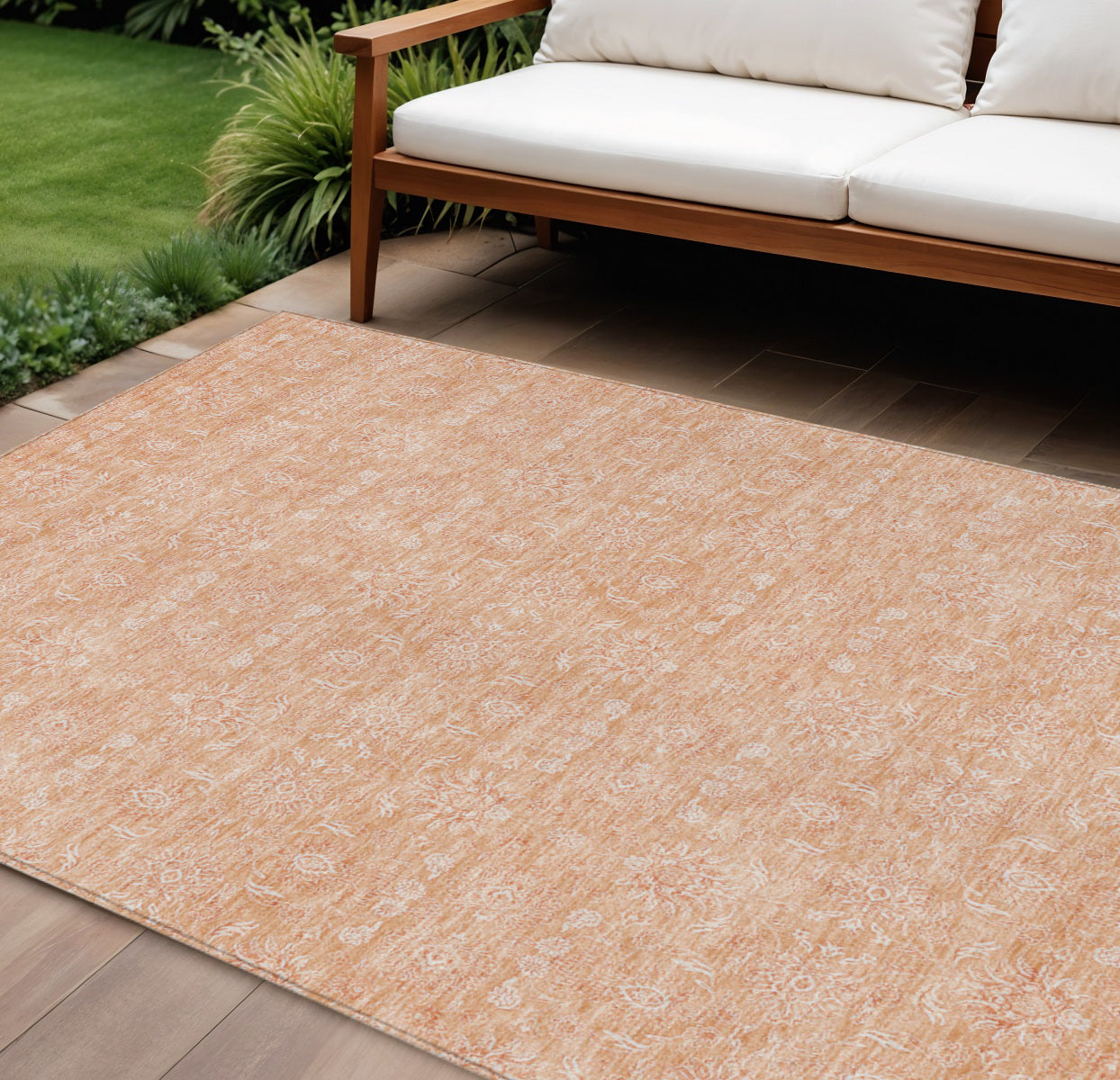 9' X 12' Peach And Ivory Floral Washable Indoor Outdoor Area Rug