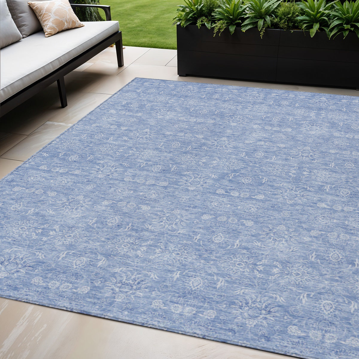 5' X 8' Sky Blue And Ivory Floral Washable Indoor Outdoor Area Rug
