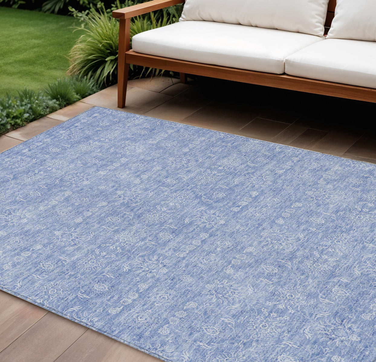 9' X 12' Sky Blue And Ivory Floral Washable Indoor Outdoor Area Rug