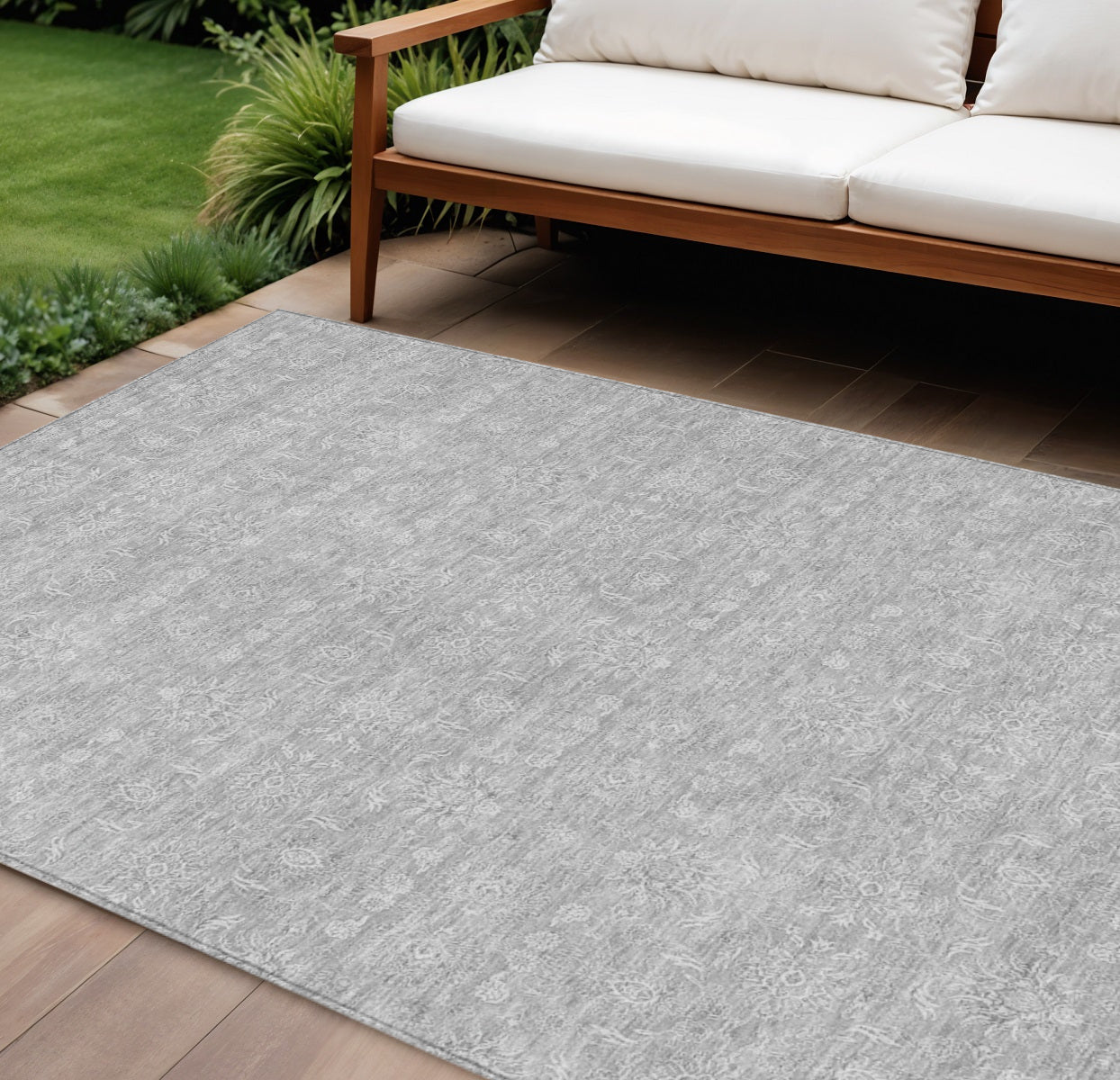 9' X 12' Silver Gray And Ivory Floral Washable Indoor Outdoor Area Rug