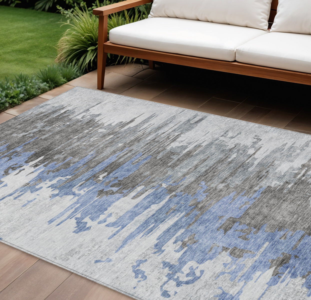 10' X 14' Blue Gray And Silver Abstract Washable Indoor Outdoor Area Rug