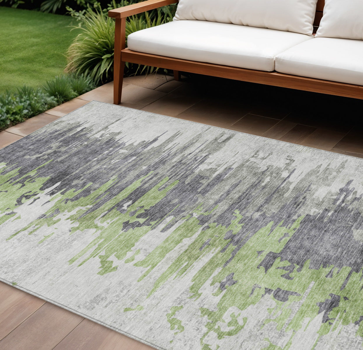 9' X 12' Green And Silver Abstract Washable Indoor Outdoor Area Rug