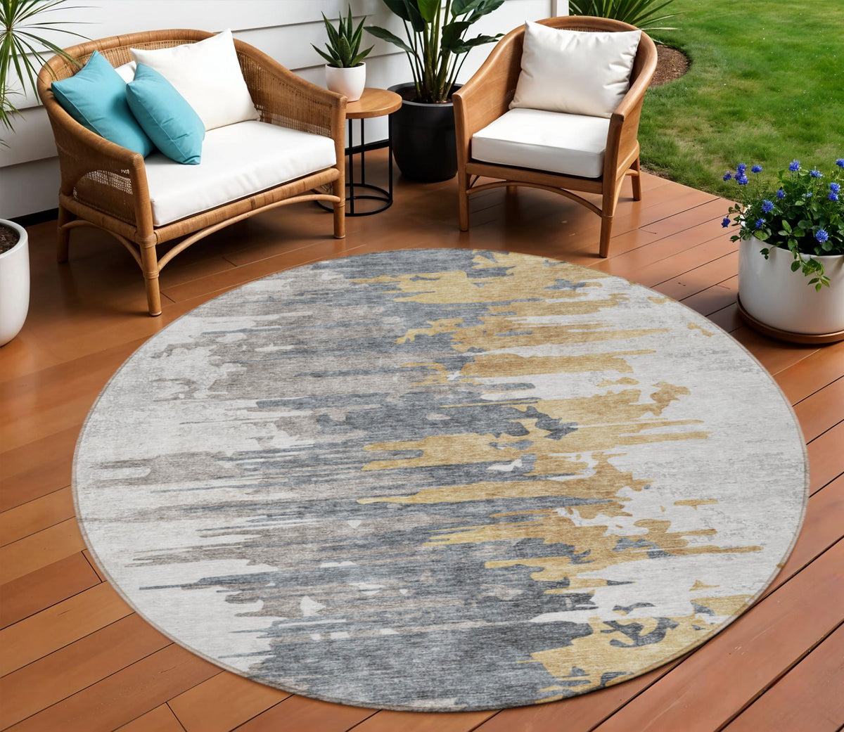 8' Ivory Charcoal And Silver Round Abstract Washable Indoor Outdoor Area Rug
