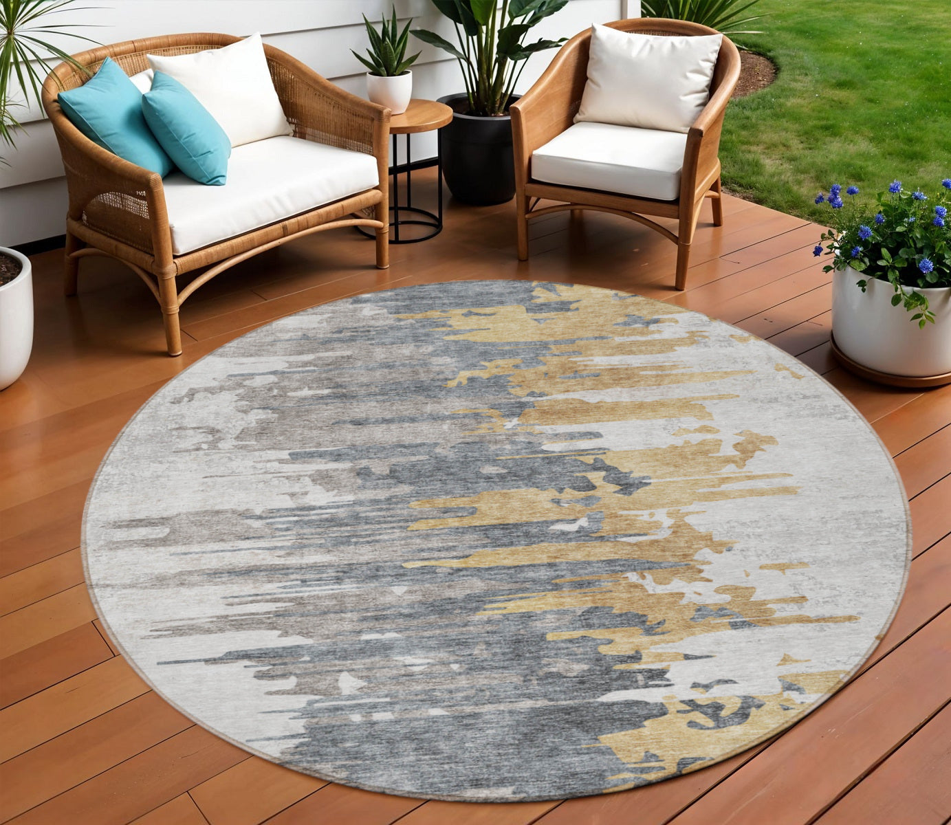 8' Ivory Charcoal And Silver Round Abstract Washable Indoor Outdoor Area Rug