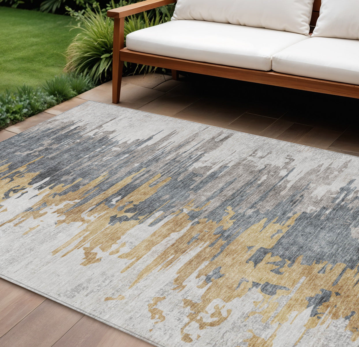 9' X 12' Ivory Charcoal And Silver Abstract Washable Indoor Outdoor Area Rug