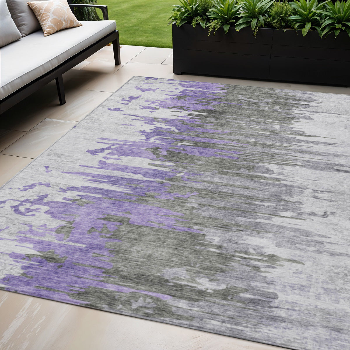 5' X 8' Purple Ivory And Charcoal Abstract Washable Indoor Outdoor Area Rug