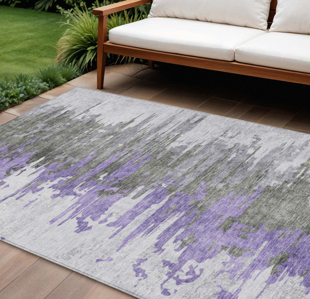 9' X 12' Purple Ivory And Charcoal Abstract Washable Indoor Outdoor Area Rug