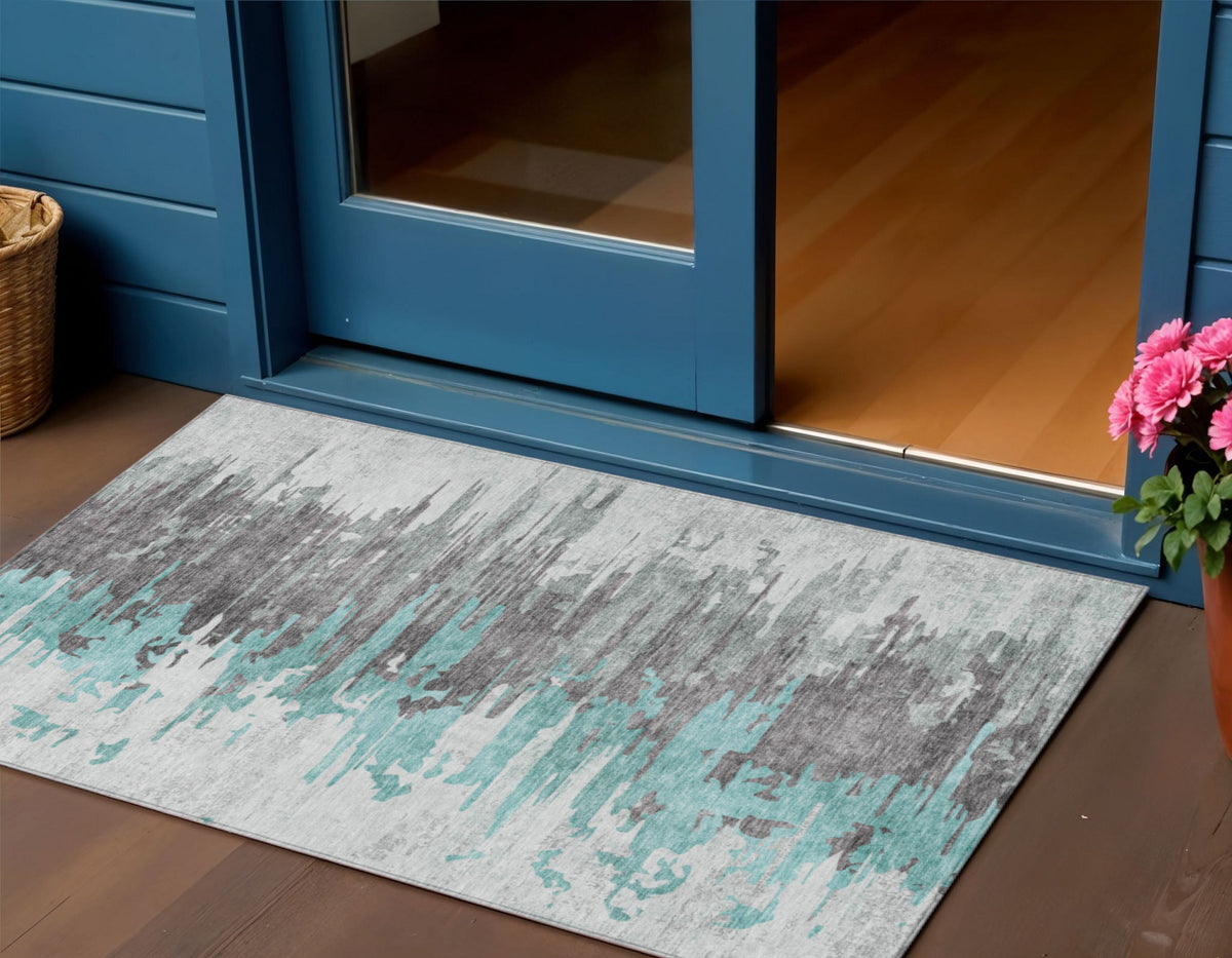 3' X 5' Teal Blue Charcoal And Silver Abstract Washable Indoor Outdoor Area Rug