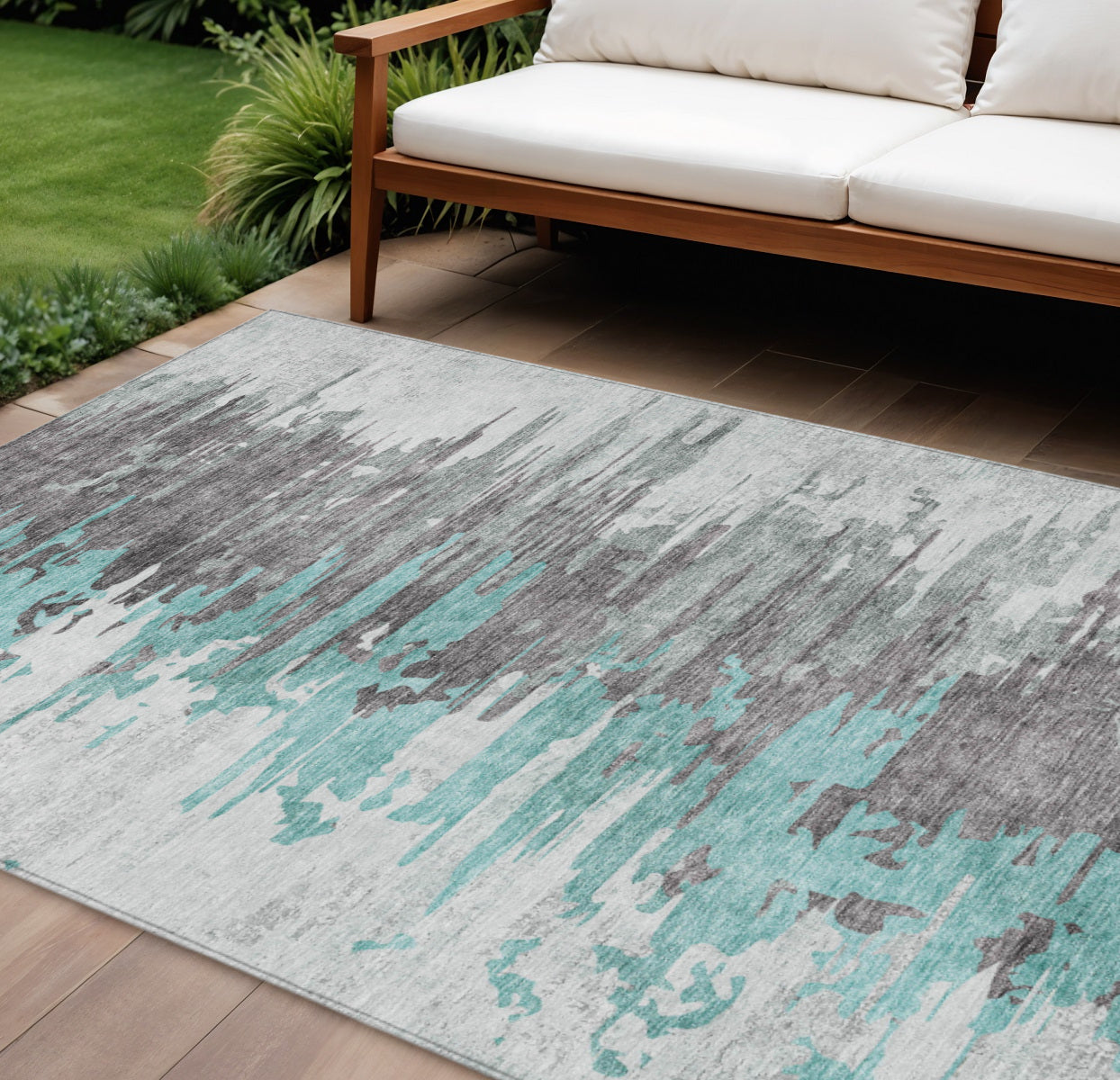 9' X 12' Teal Blue Charcoal And Silver Abstract Washable Indoor Outdoor Area Rug
