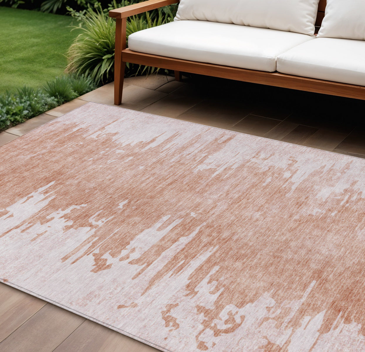 9' X 12' Terra Cotta Salmon And Copper Abstract Washable Indoor Outdoor Area Rug