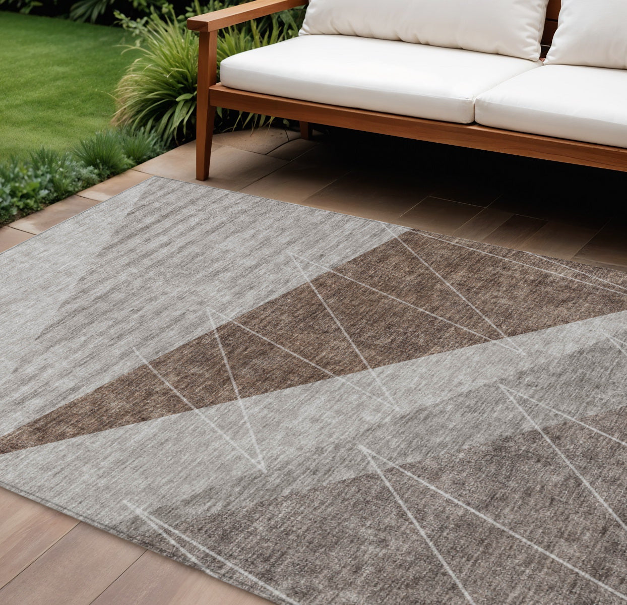 9' X 12' Gray Silver And Taupe Geometric Washable Indoor Outdoor Area Rug