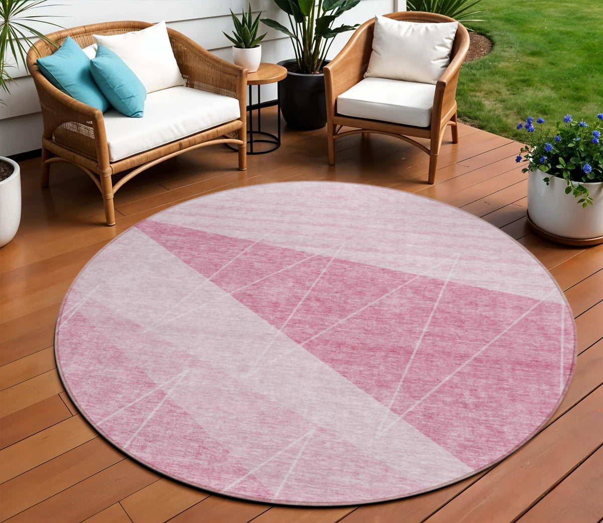 8' Pink Mauve And Blush Round Geometric Washable Indoor Outdoor Area Rug