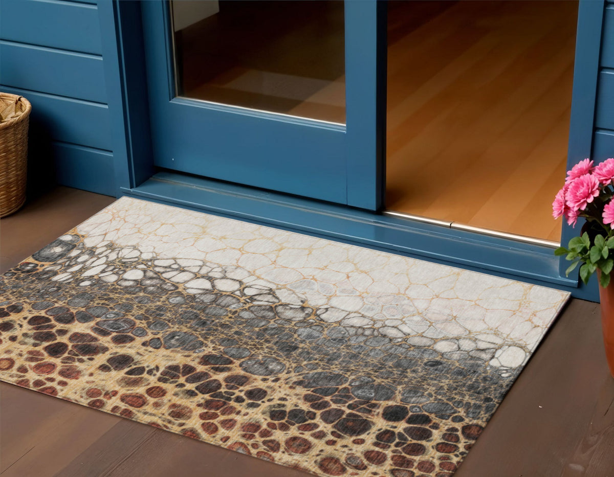 3' X 5' Ivory Gray And Gold Abstract Washable Indoor Outdoor Area Rug