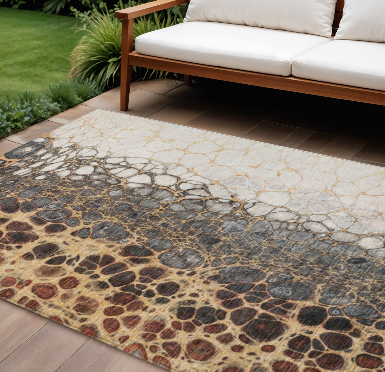 9' X 12' Ivory Gray And Gold Abstract Washable Indoor Outdoor Area Rug