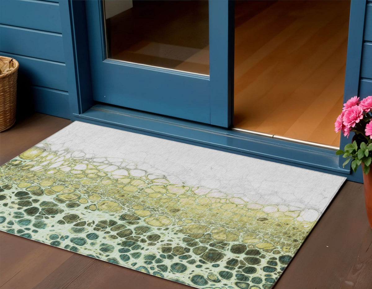 3' X 5' Olive Green And Gold Abstract Washable Indoor Outdoor Area Rug