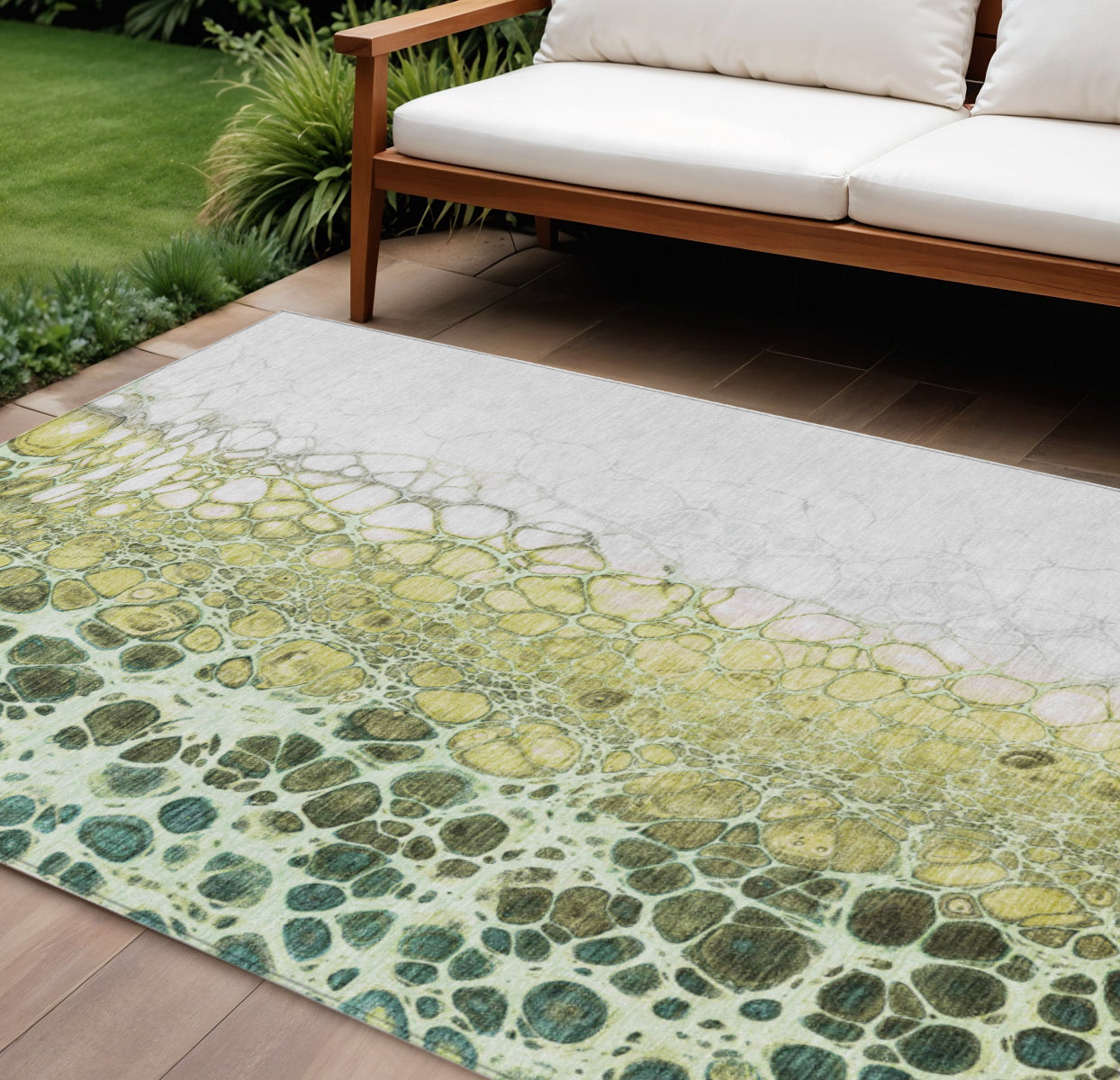 9' X 12' Olive Green And Gold Abstract Washable Indoor Outdoor Area Rug
