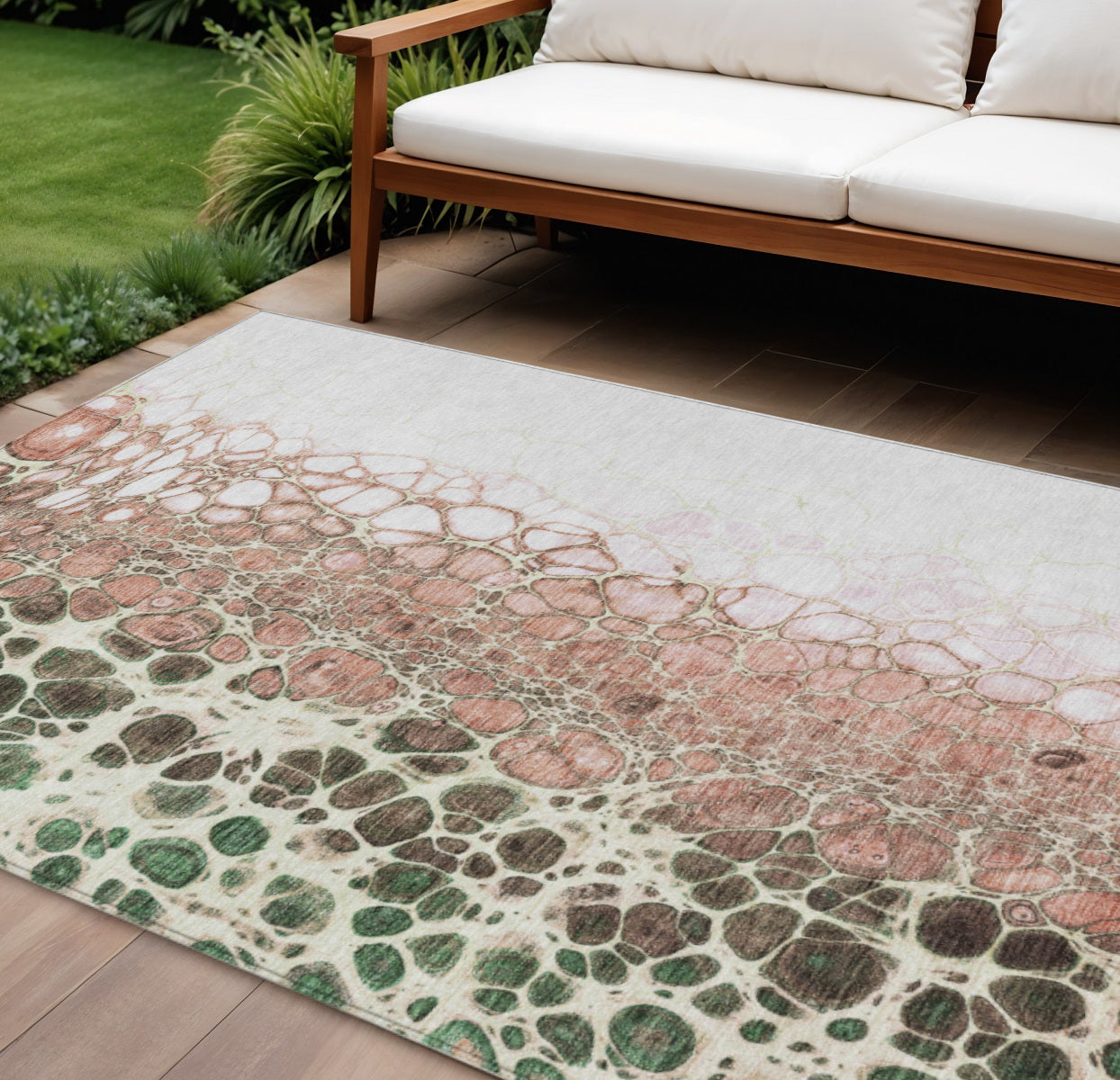 9' X 12' Salmon Green And Chocolate Abstract Washable Indoor Outdoor Area Rug