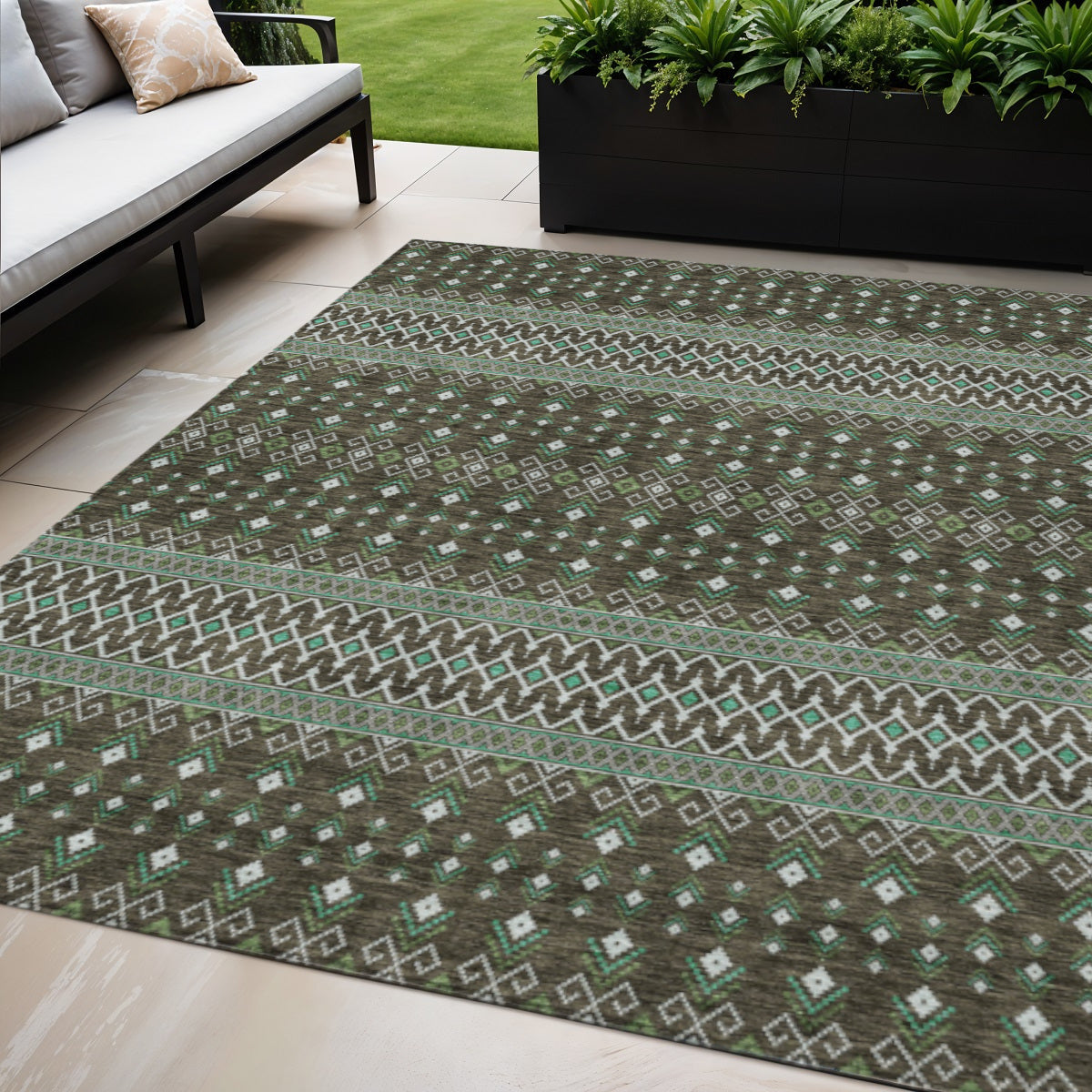 5' X 8' Brown Green And Olive Green Tribal Washable Indoor Outdoor Area Rug